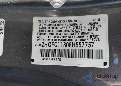 2008 Honda Civic Ex from USA, damaged, VIN 2HGFG11808H557757